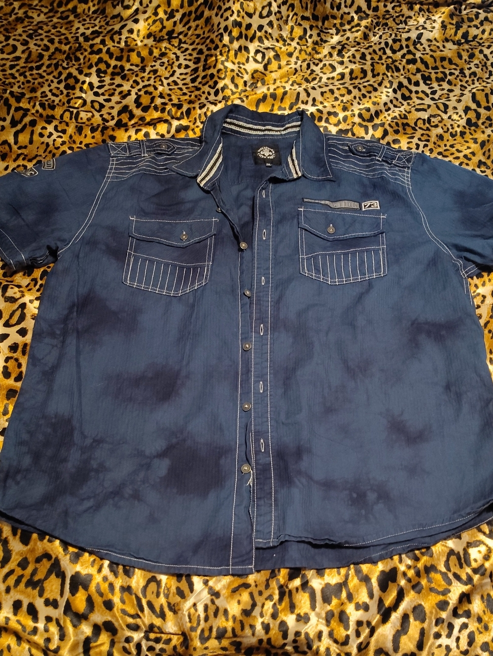 Men's Short-Sleeve Casual Button-Up Shirt - Navy Blue